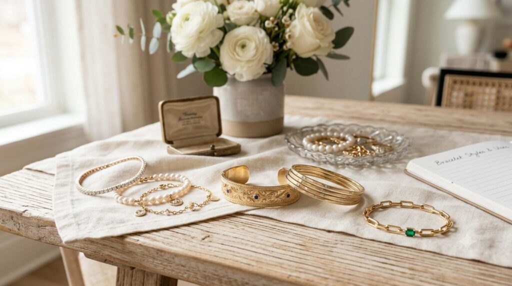 Elegant gold bracelets and anti-tarnish jewellery displayed on a rustic wooden table